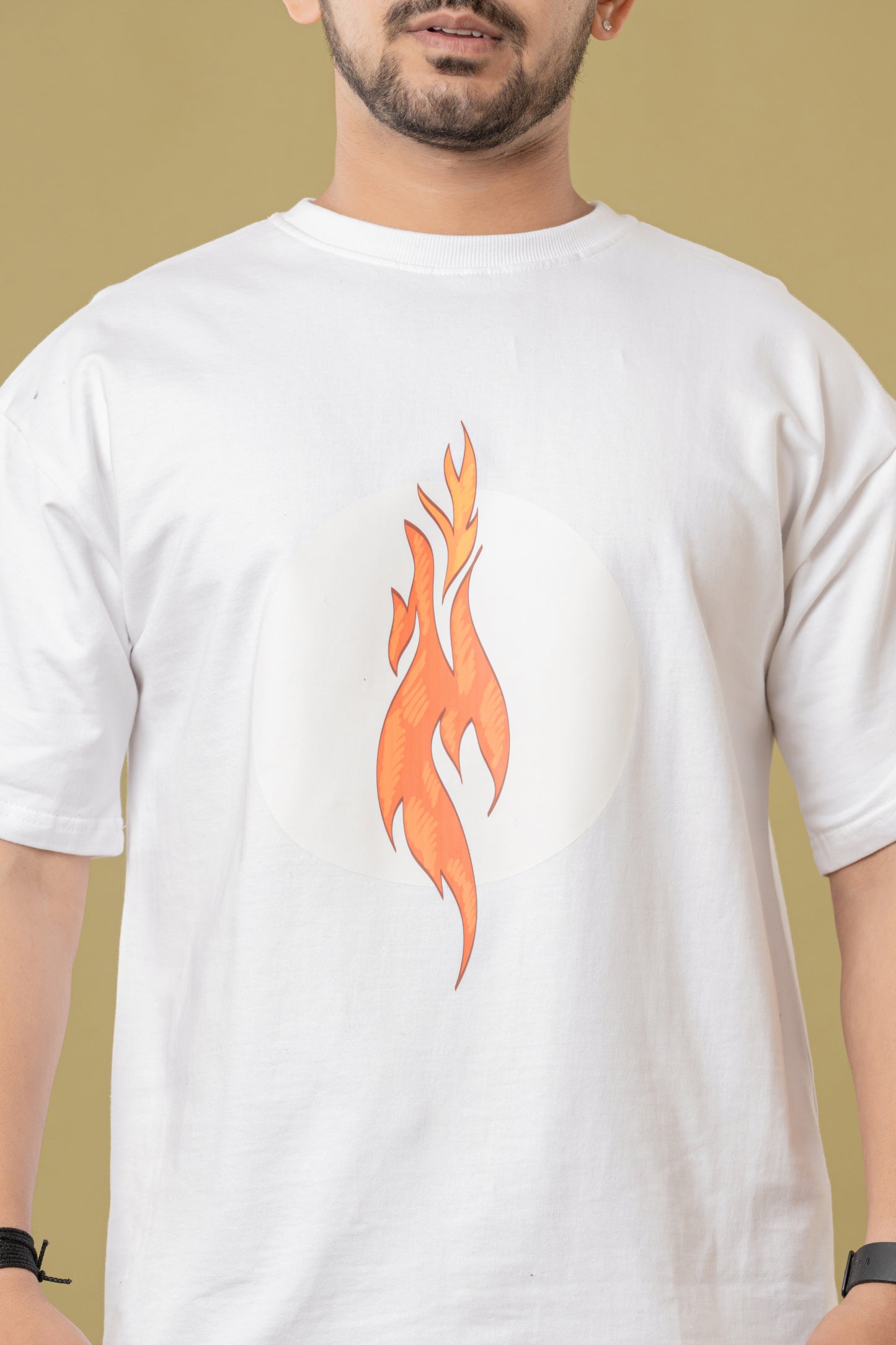Men White Oversized T-Shirt with Flame Graphic Print