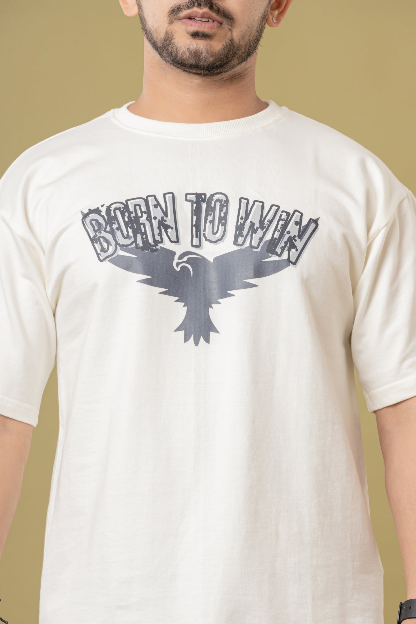 Men’s White Oversized T-Shirt with “Born To Win” Eagle Graphic Print