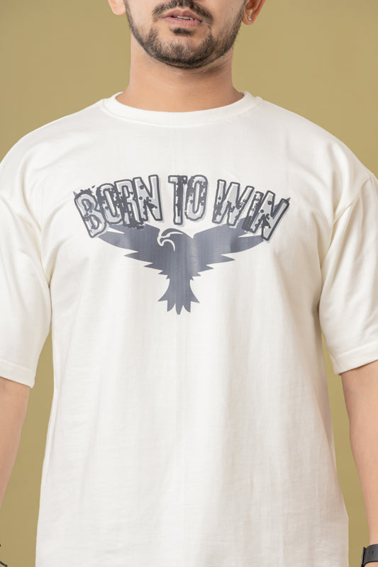 Men’s White Oversized T-Shirt with “Born To Win” Eagle Graphic Print
