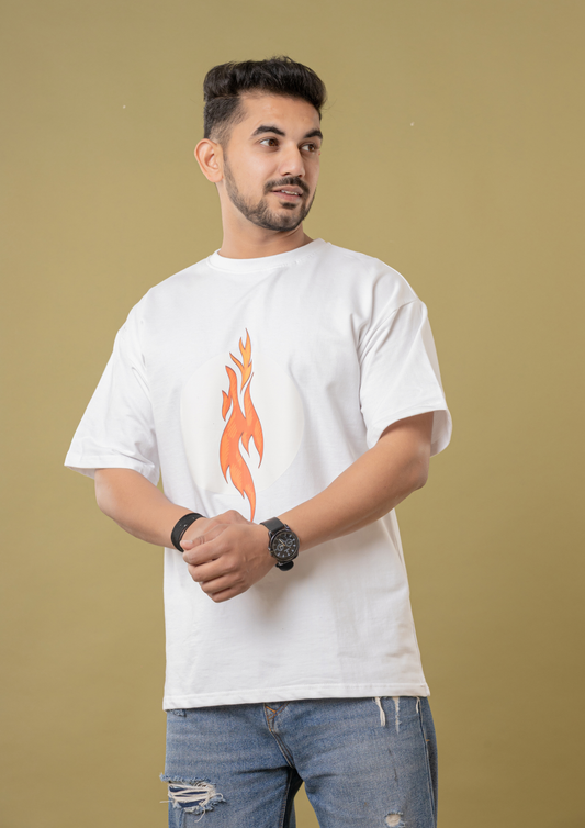 Men White Oversized T-Shirt with Flame Graphic Print
