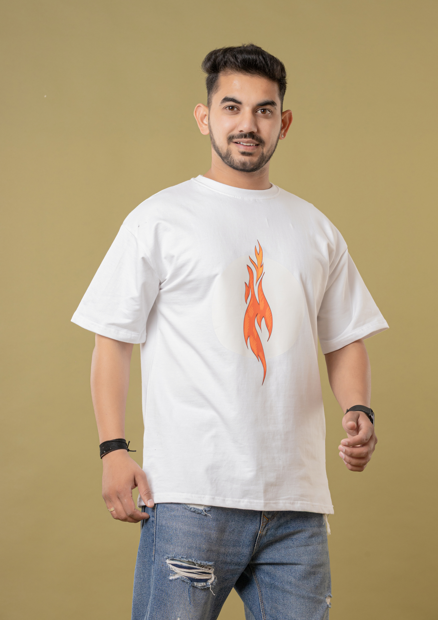 Men White Oversized T-Shirt with Flame Graphic Print