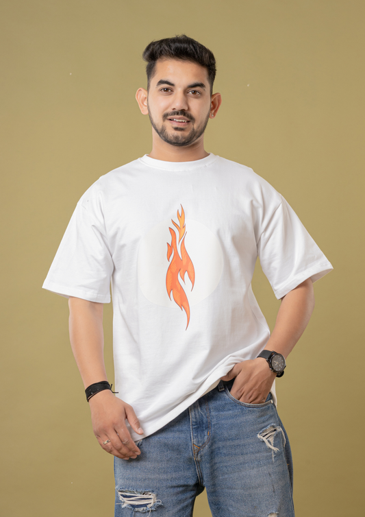 Men White Oversized T-Shirt with Flame Graphic Print